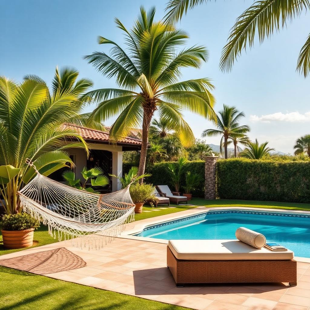 Daybed e rede em área de piscina com palmeiras